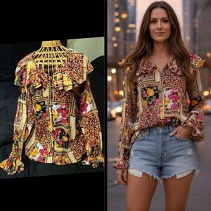 Vtg 90s Gitano yellow abstract roses rooster graphic romantic rufflle top L NWOT